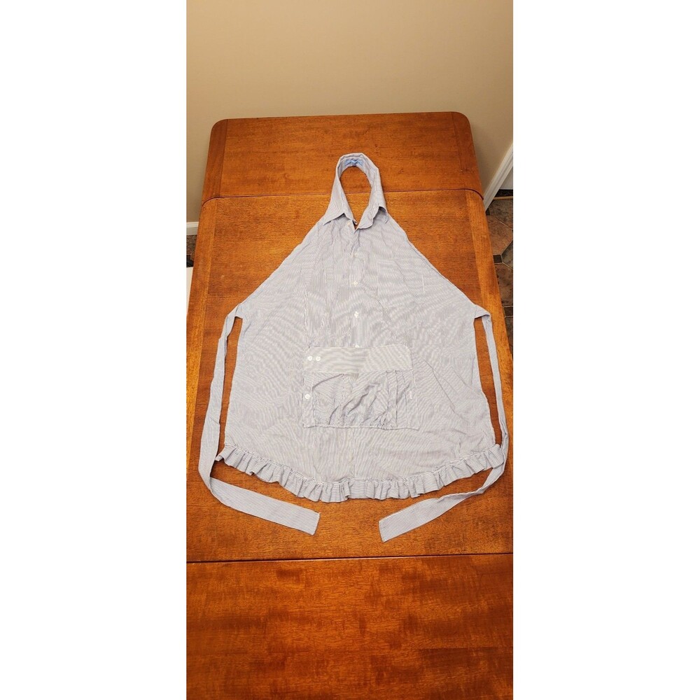 Vintage handmade apron from a men's button down shirt blue and white